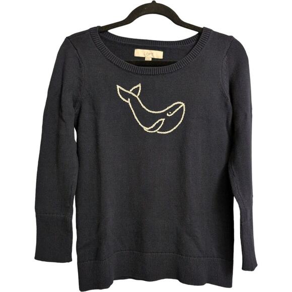 LOFT Navy Whale Embroidered Crewneck Long Sleeve Knit Cotton Sweater Size XS - Picture 1 of 6